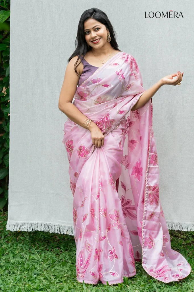 Light pink saree on fair Indian skin tone