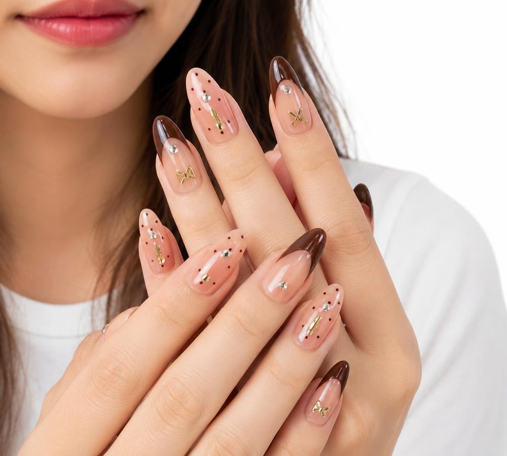 Almond Fall Press-On Nails with Gold Stripes and Pearls