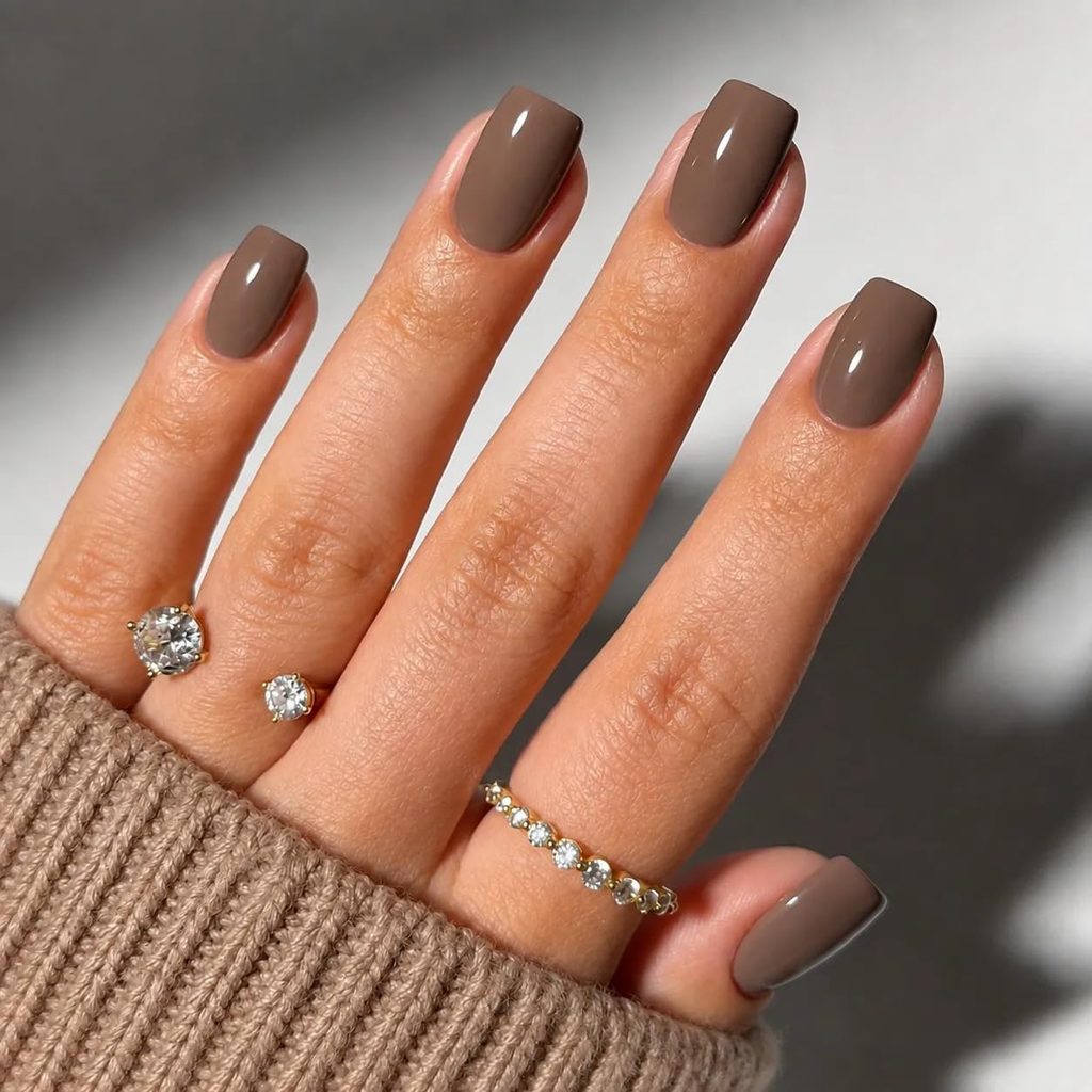 Brown Glossy Square Press-On Nails with Gold French Tips