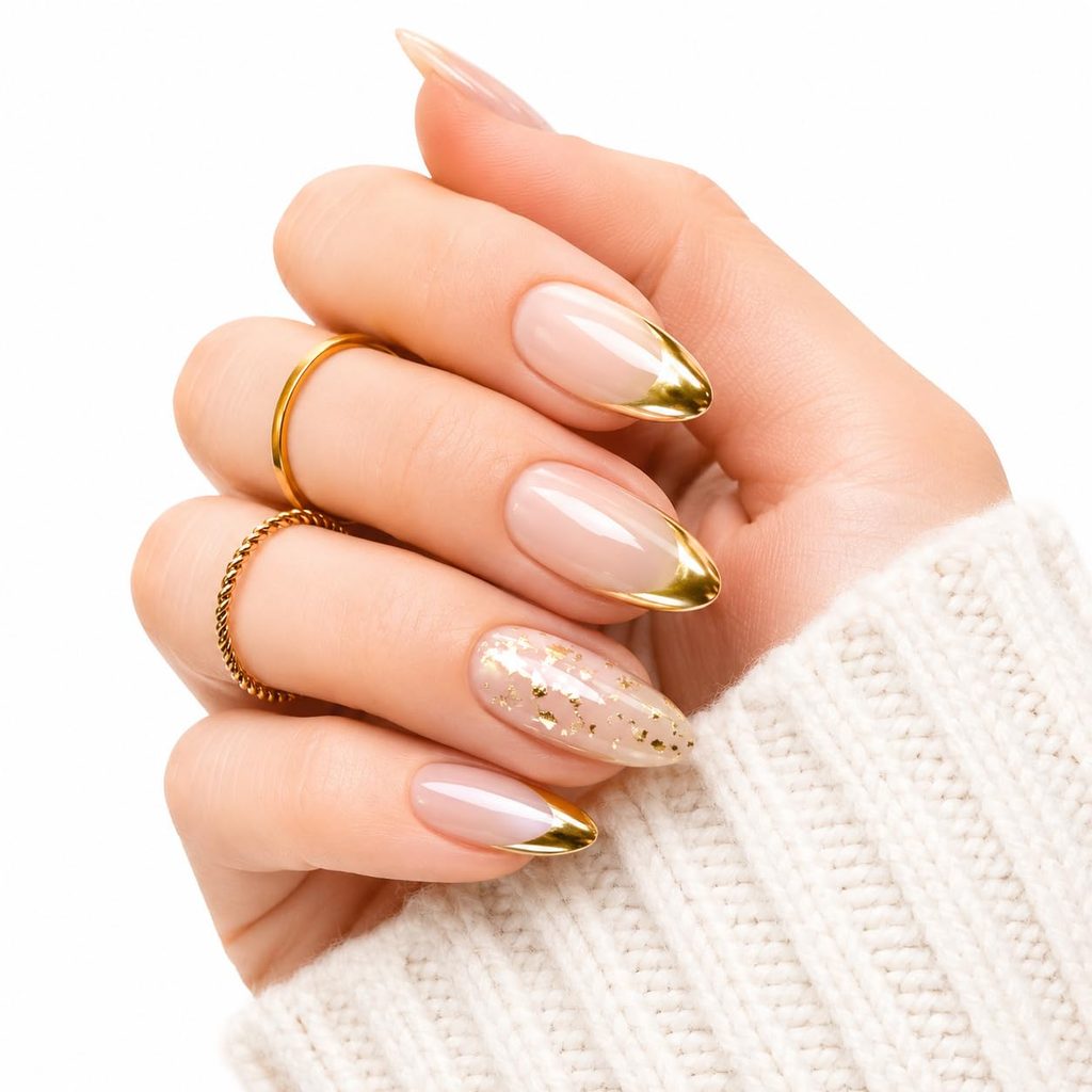 Nude-Brown French-Tip Press-On Nails with Gold Bows